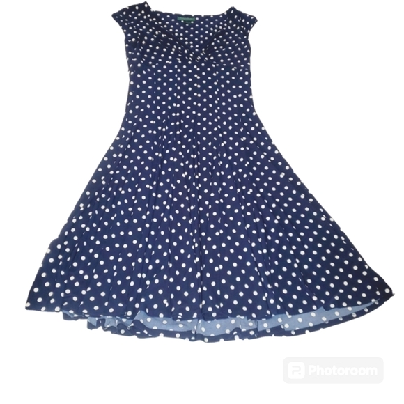 🔥Lauren Ralph Lauren Navy Blue/White Polka Dot Sleeveless Vneck Midi Dress SZ 4 - Picture 7 of 10